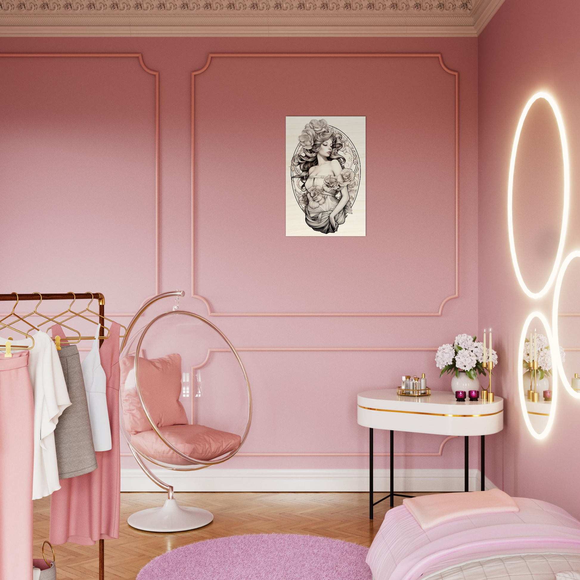 Pink bedroom with a hanging bubble chair, clothing rack, and illuminated circular mirror.
