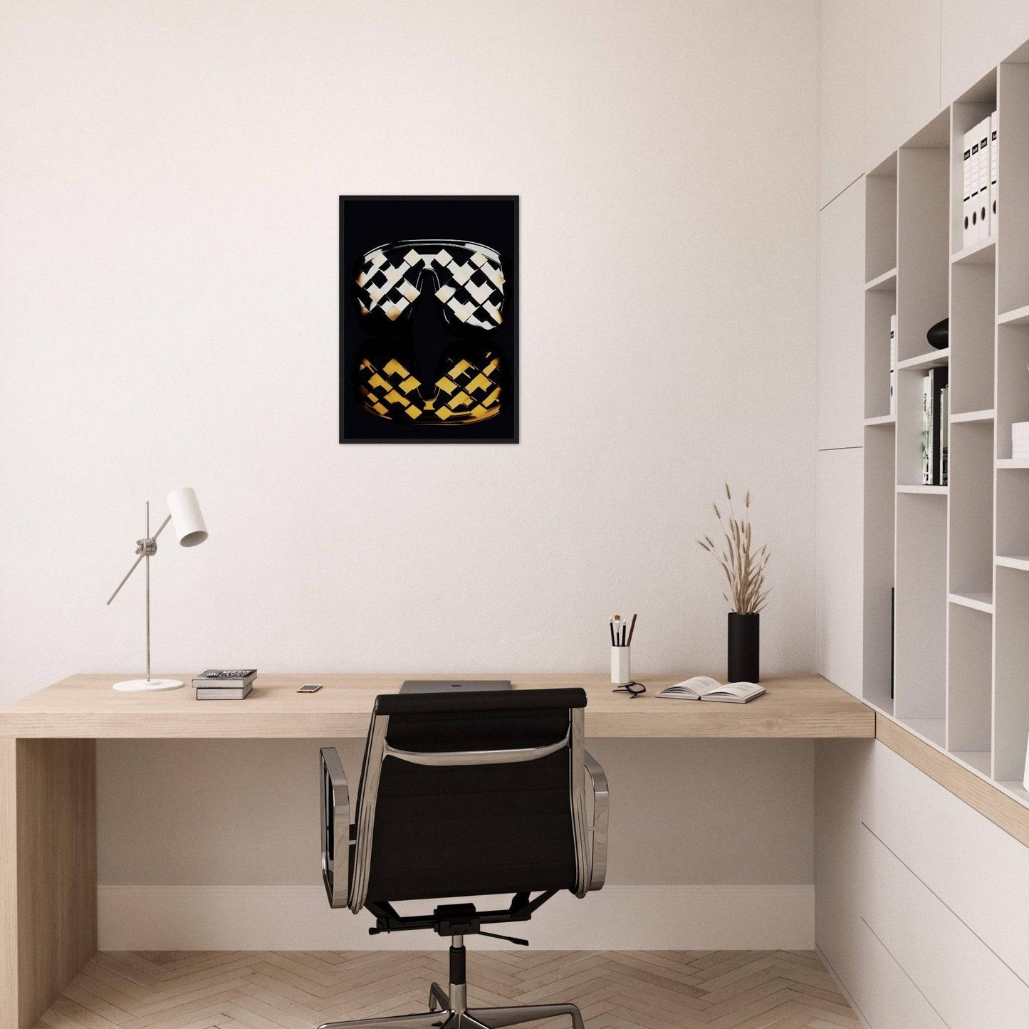 Minimalist home office workspace with a wooden desk, office chair, and abstract wall art.