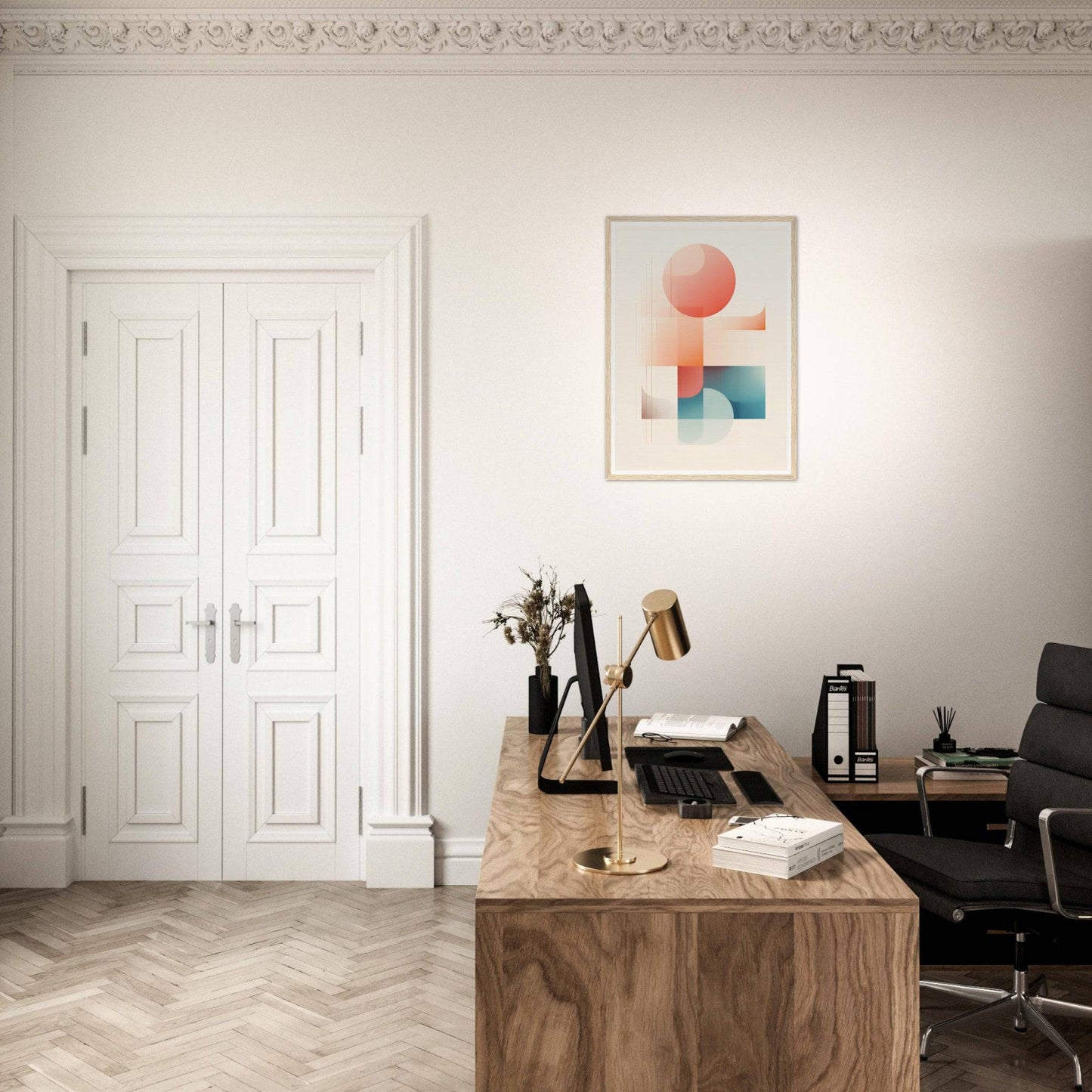 Wooden desk with office supplies and a typewriter in a minimalist workspace.