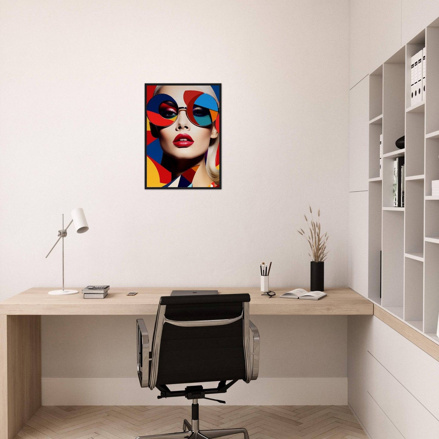 Colorful pop art portrait of a woman wearing sunglasses.