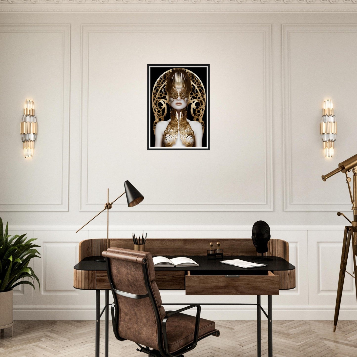 Elegant home office desk with a leather chair and decorative artwork above.