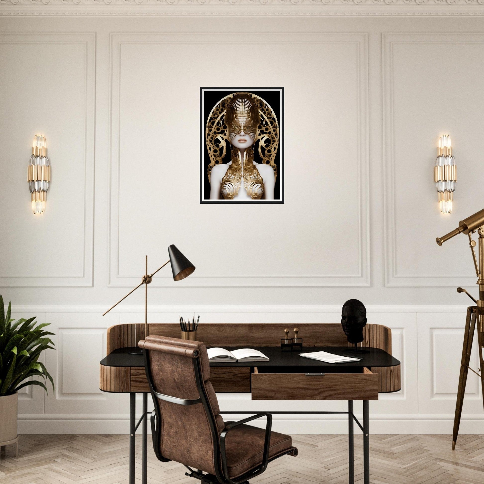 Elegant home office desk with a leather chair and decorative artwork above.