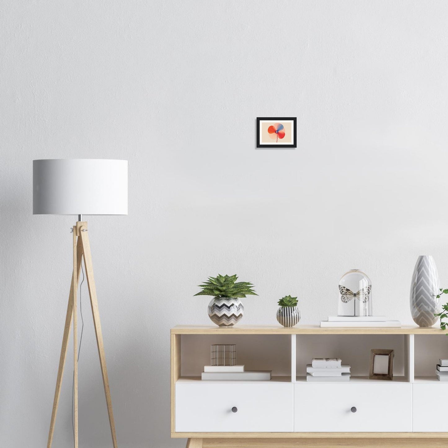 Modern wooden sideboard with open shelving and white drawers.