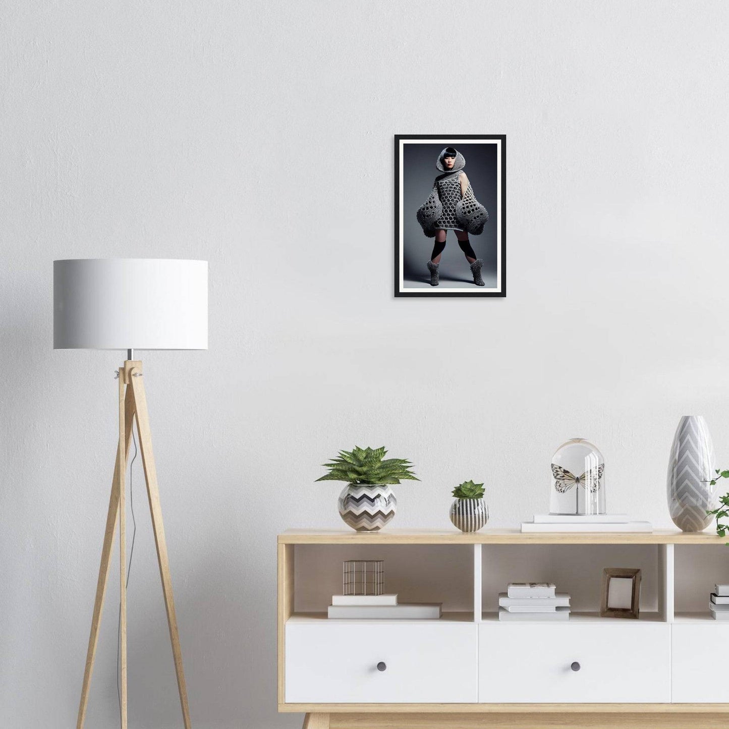 Modern wooden sideboard with open shelving and drawers.