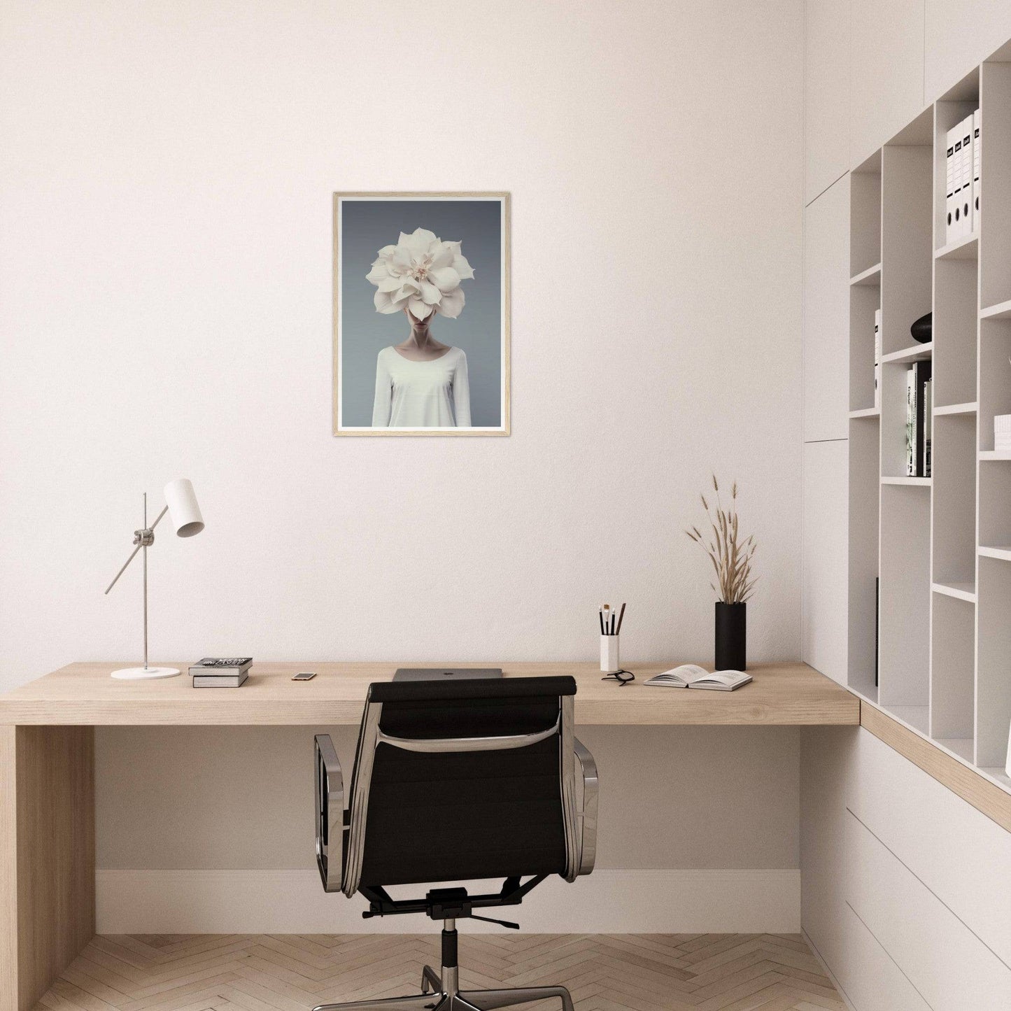 Minimalist home office workspace with a wooden desk and black office chair.
