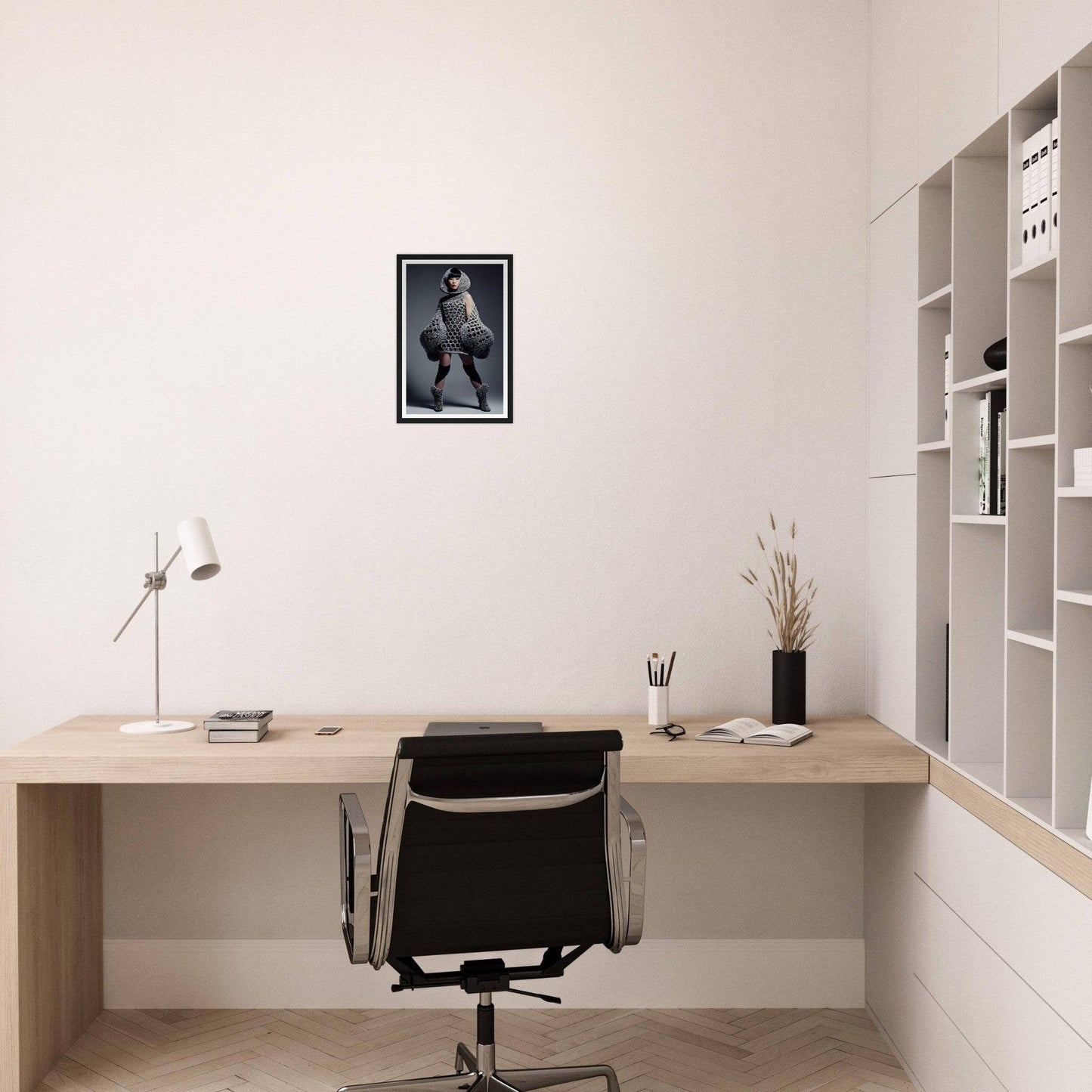 Minimalist wooden desk with a black office chair in a clean, white workspace.