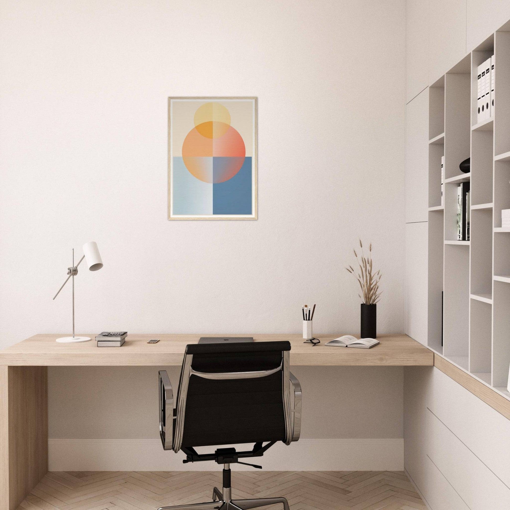 Minimalist home office workspace with a wooden desk, black office chair, and colorful geometric wall art.