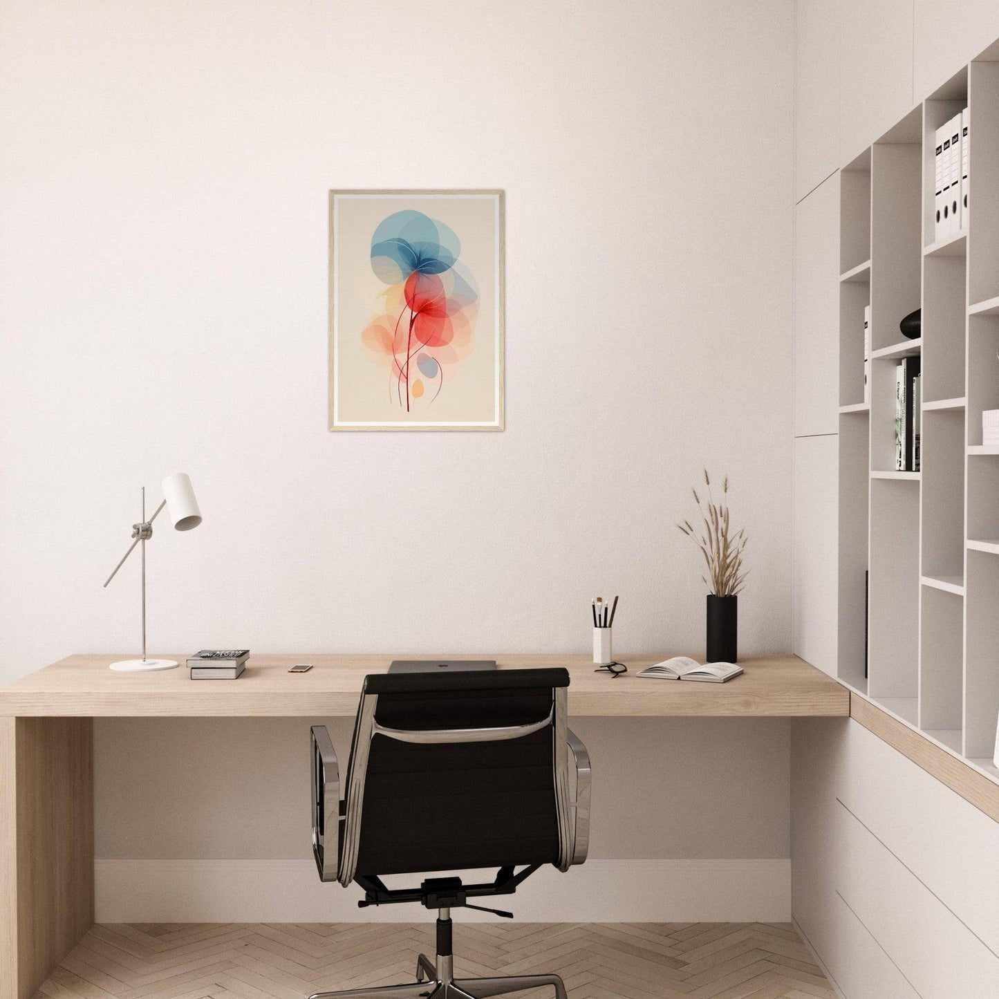 Minimalist home office desk with a modern office chair.