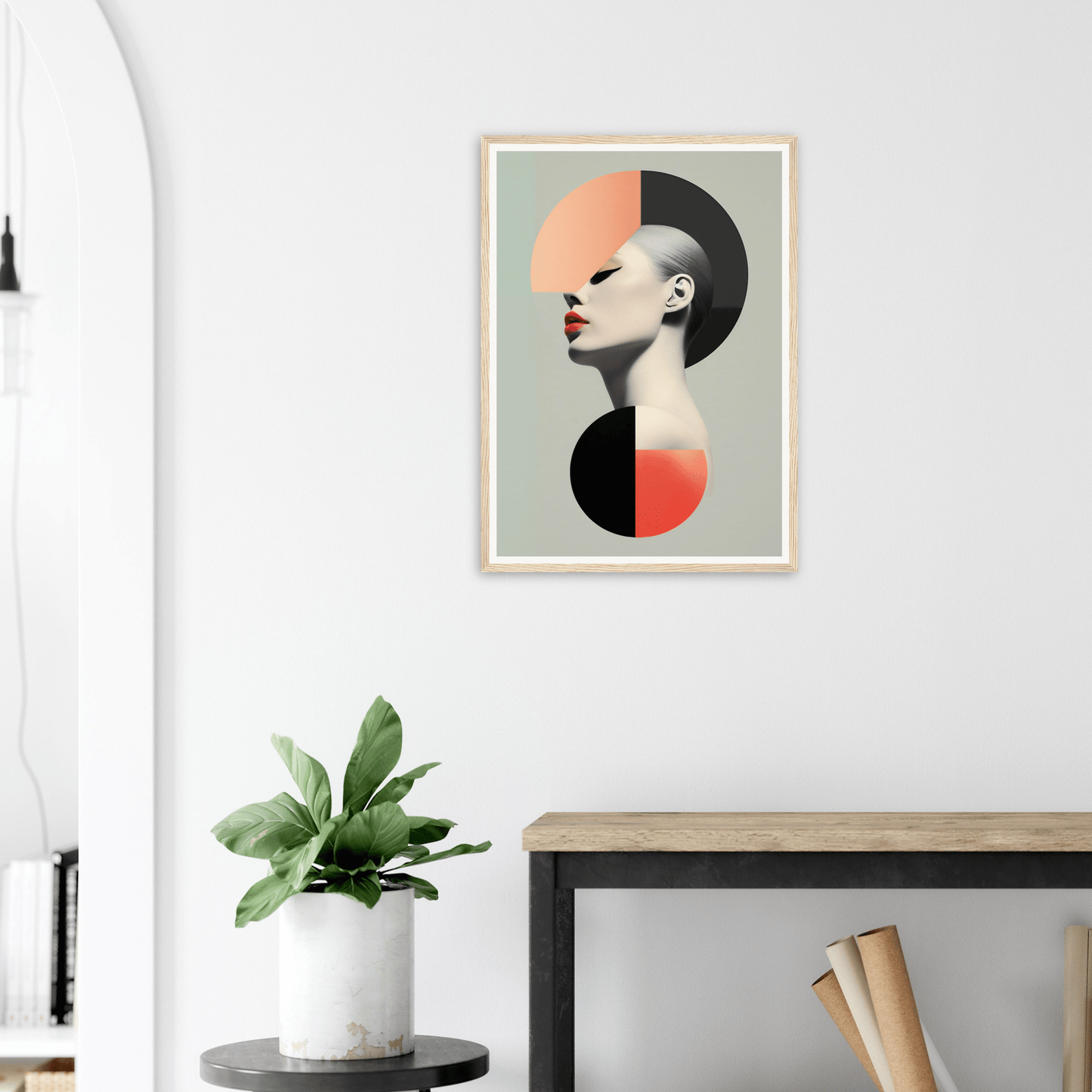 Abstract portrait featuring geometric shapes and a profile view in muted colors.