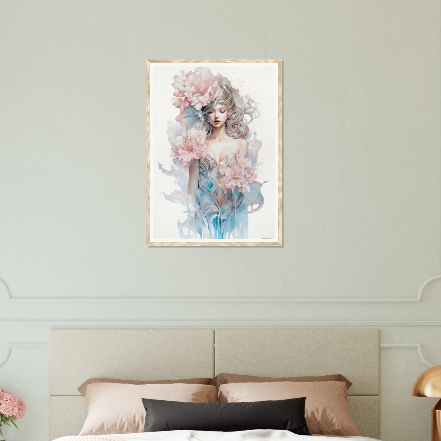 Framed watercolor-style portrait of a woman with flowers in her hair and a flowing blue dress.
