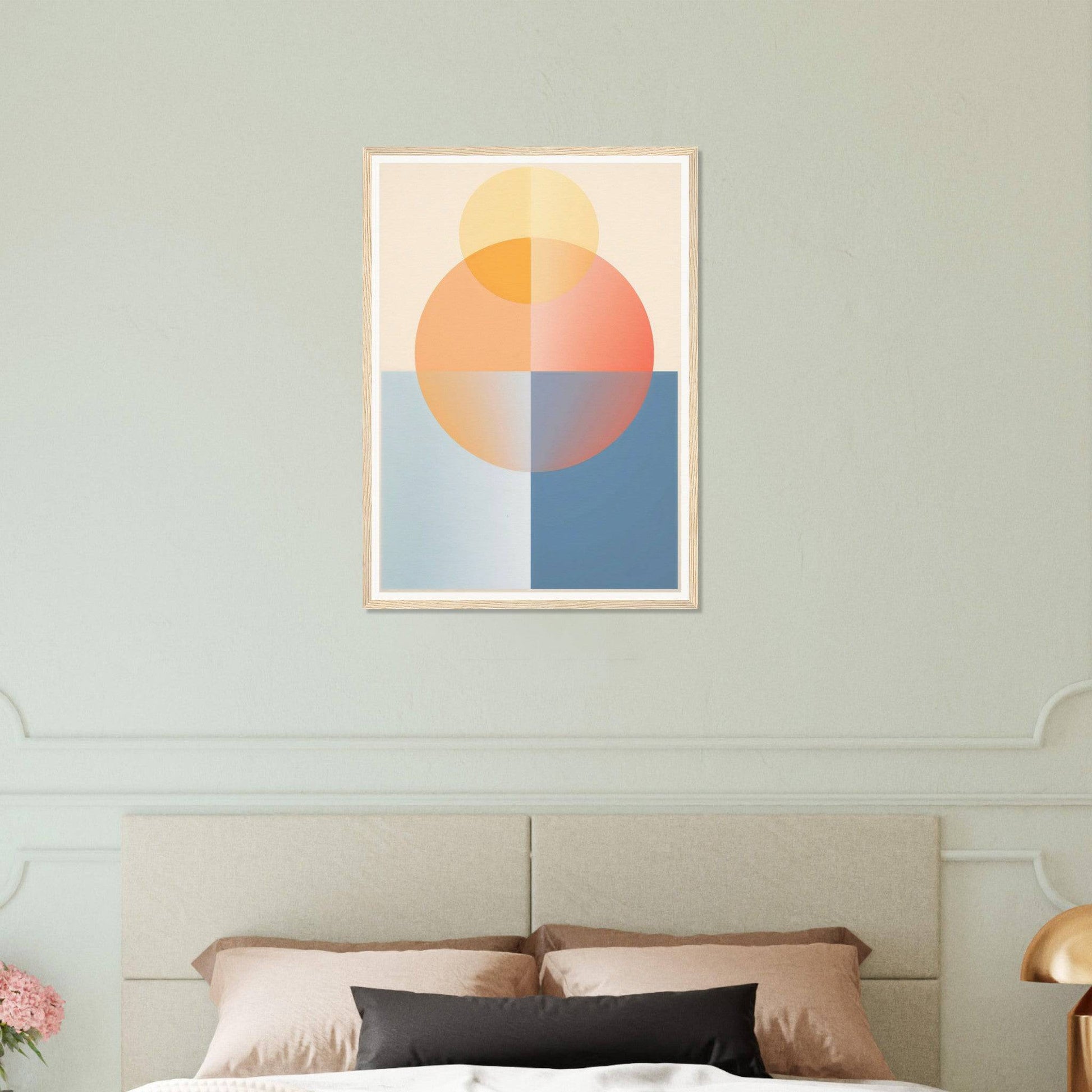Abstract geometric artwork featuring a circular sun-like shape divided into pastel-colored quadrants.