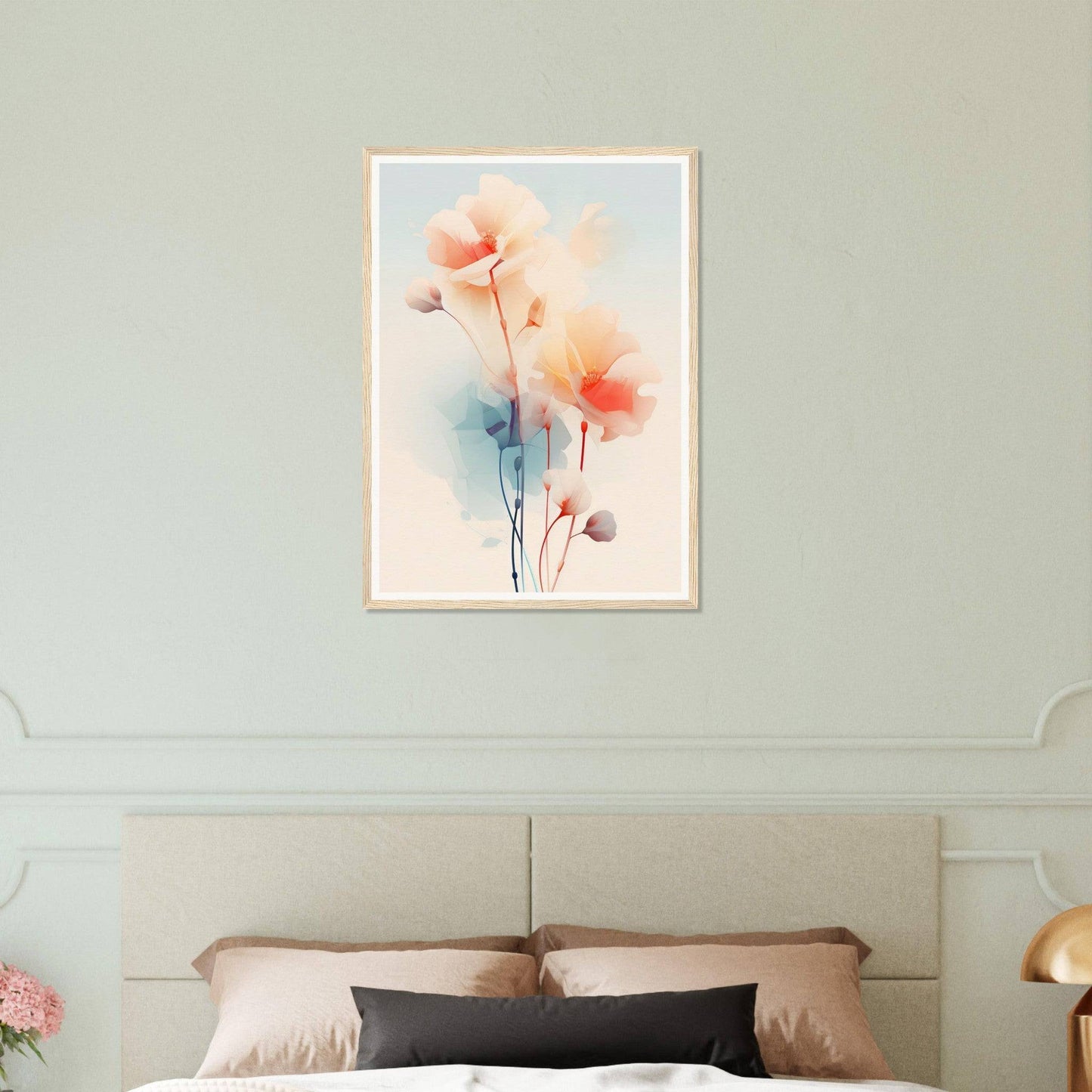 Framed watercolor painting of delicate pastel flowers with long stems.