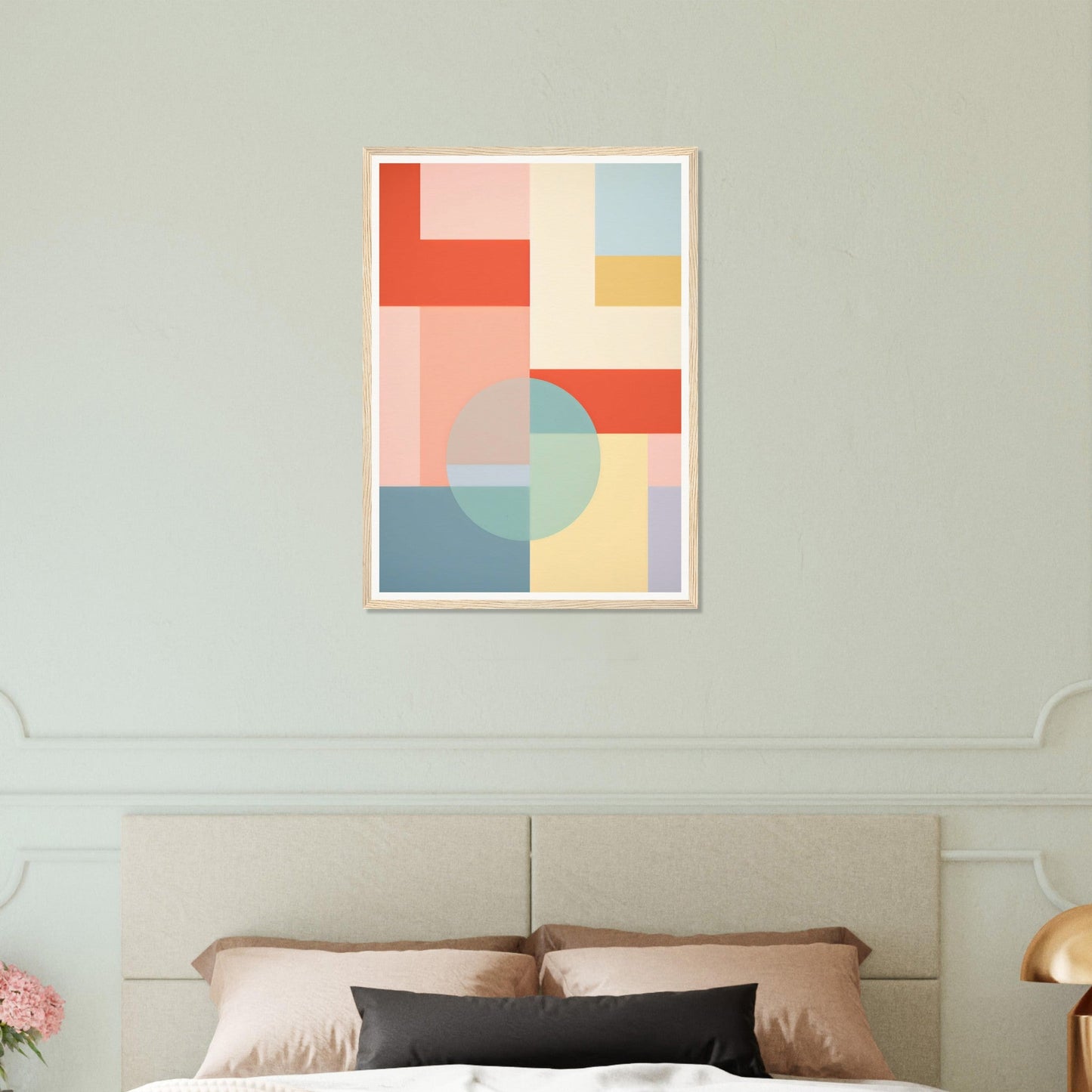 Abstract geometric artwork featuring pastel-colored shapes and blocks in a framed composition.
