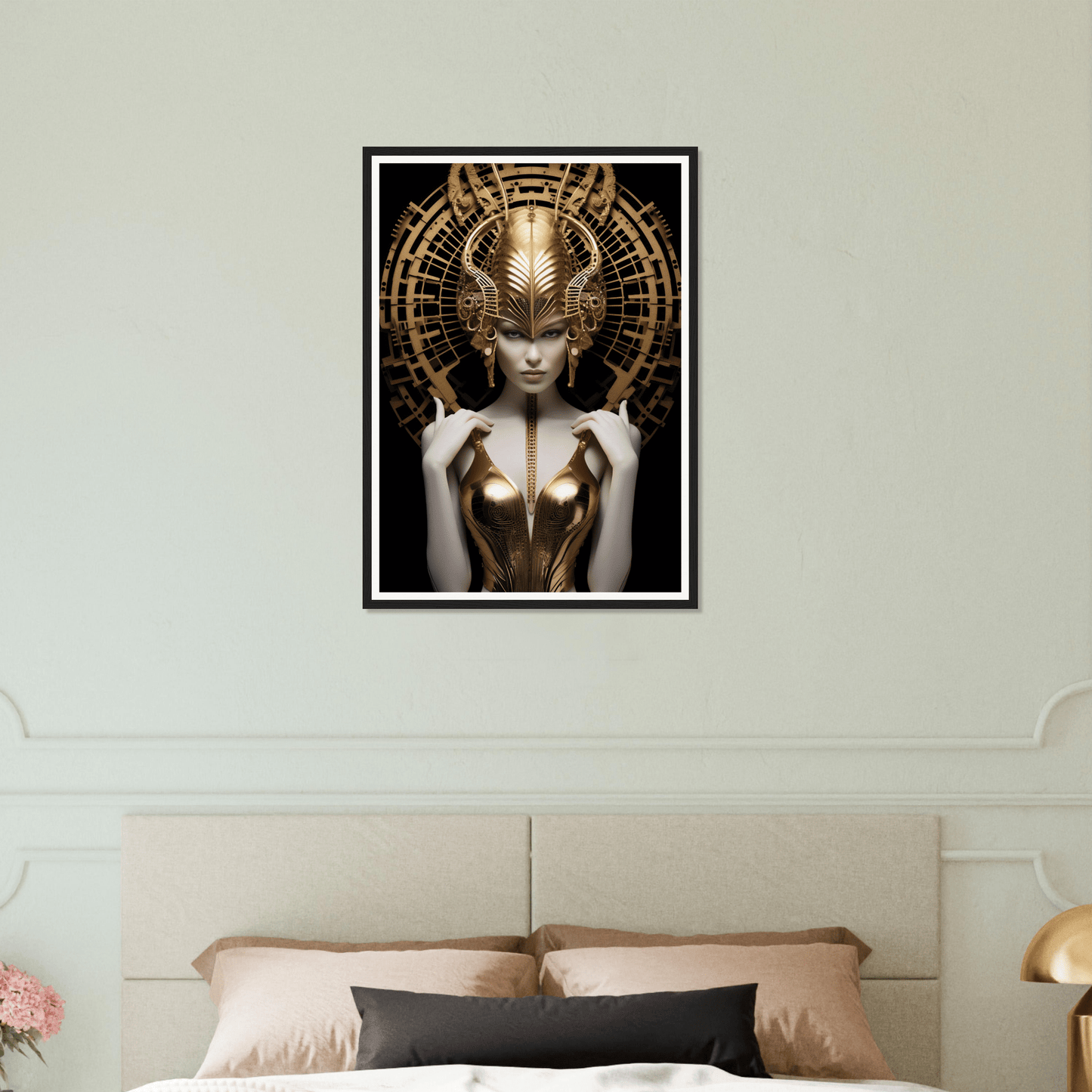 Framed artwork depicting a fantastical female figure with an elaborate golden headdress and ornate metallic bodice.