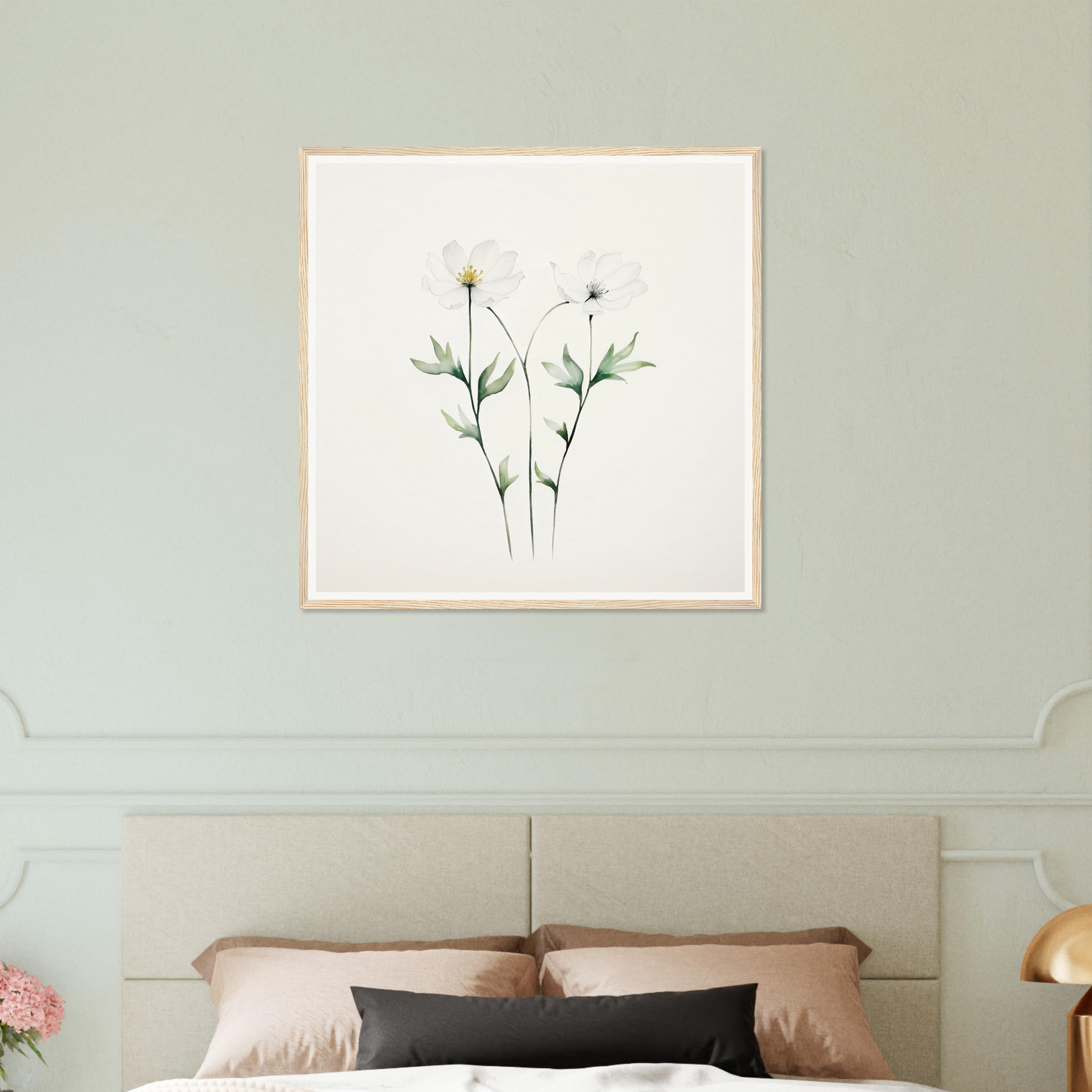 Framed botanical illustration of delicate wildflowers with stems and leaves.
