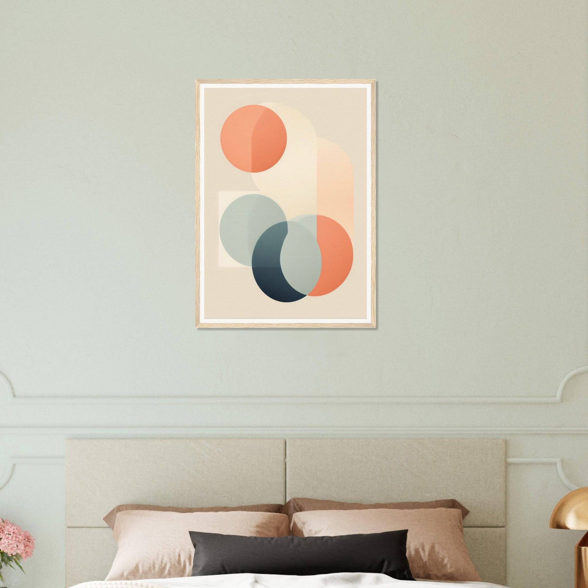Abstract geometric art print featuring overlapping circles in muted orange and blue tones.