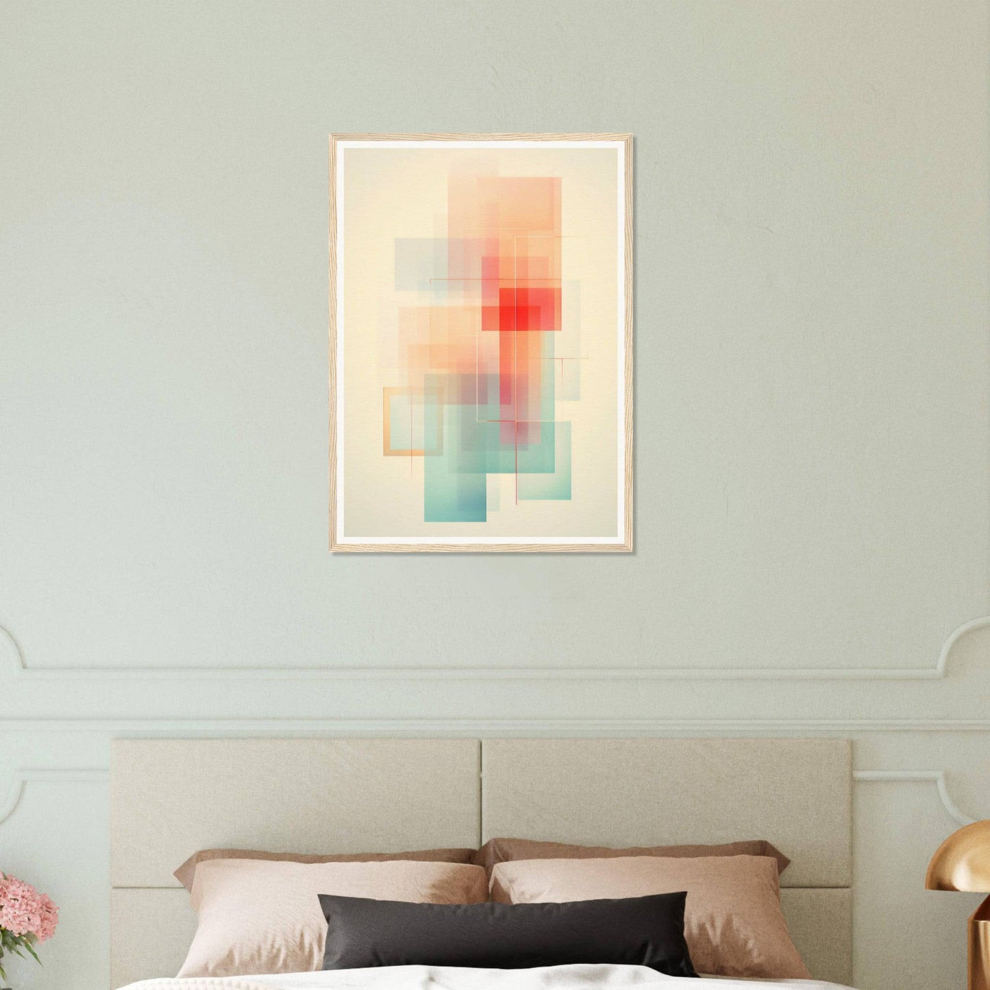 Abstract framed artwork featuring soft, blended geometric shapes in pastel colors with a prominent red accent.