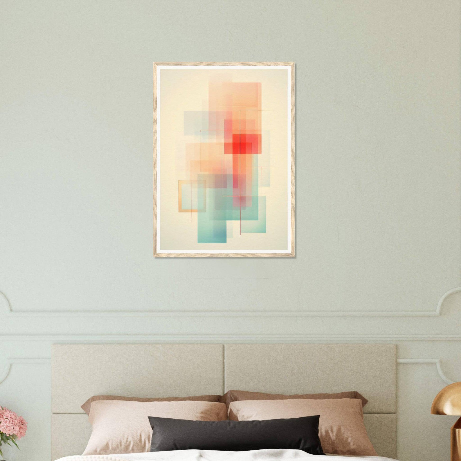 Abstract framed artwork featuring soft, blended geometric shapes in pastel colors with a prominent red accent.