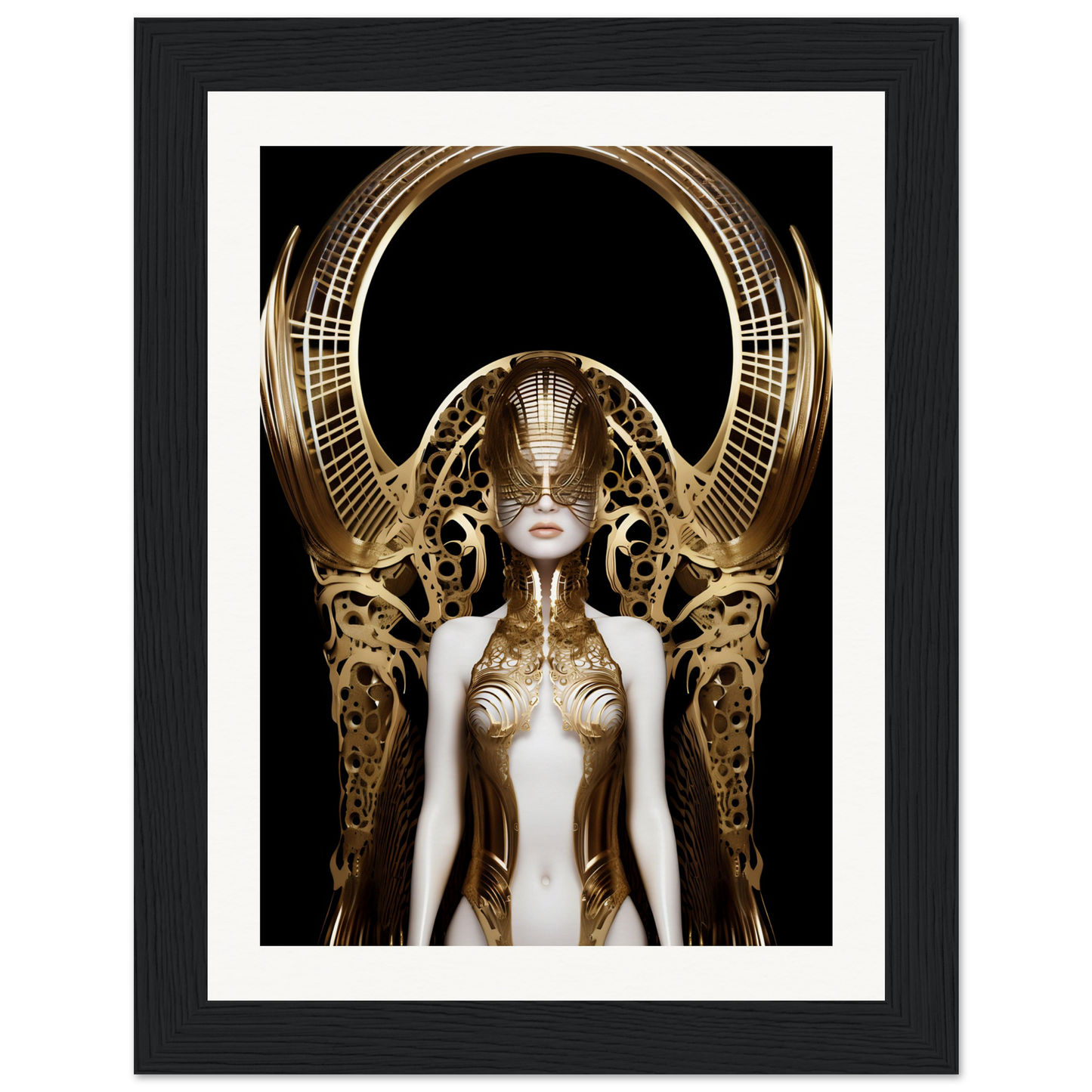 Surreal golden robotic figure with an elaborate headdress and pale humanoid features.