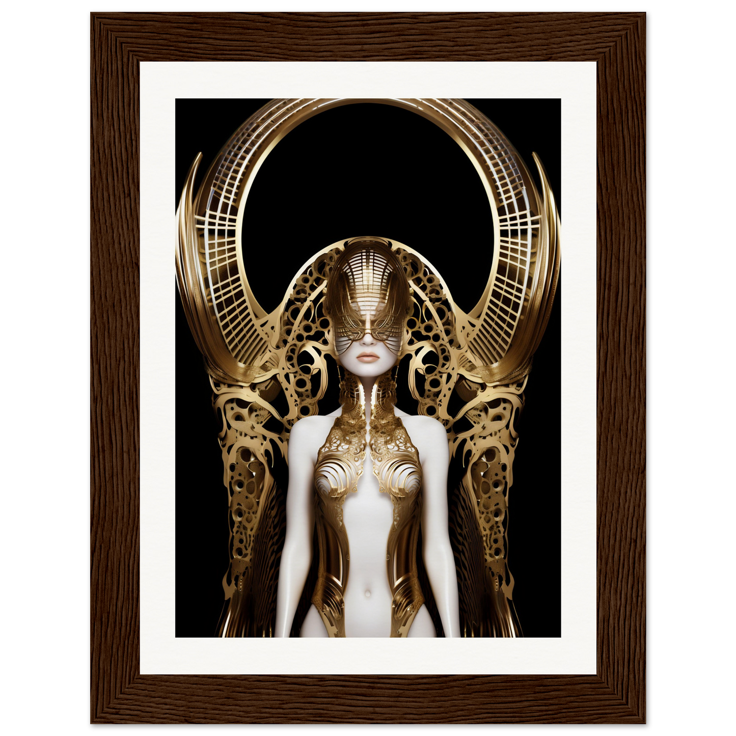 Surreal golden robotic figure with an elaborate headdress and metallic body.