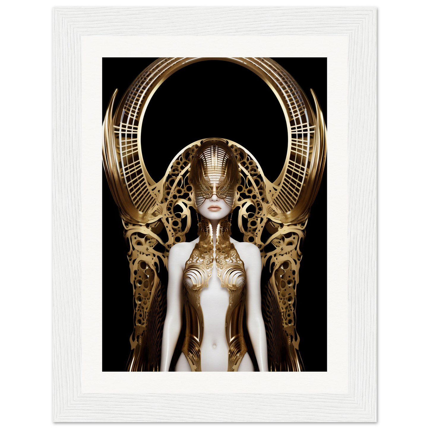Futuristic golden robotic figure with an elaborate headdress and metallic body.