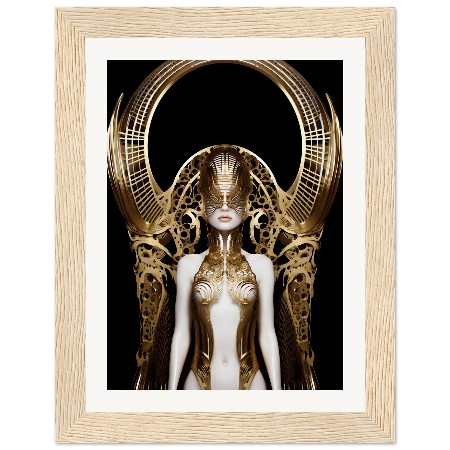 Surreal golden robotic figure with an elaborate headdress and pale humanoid features.