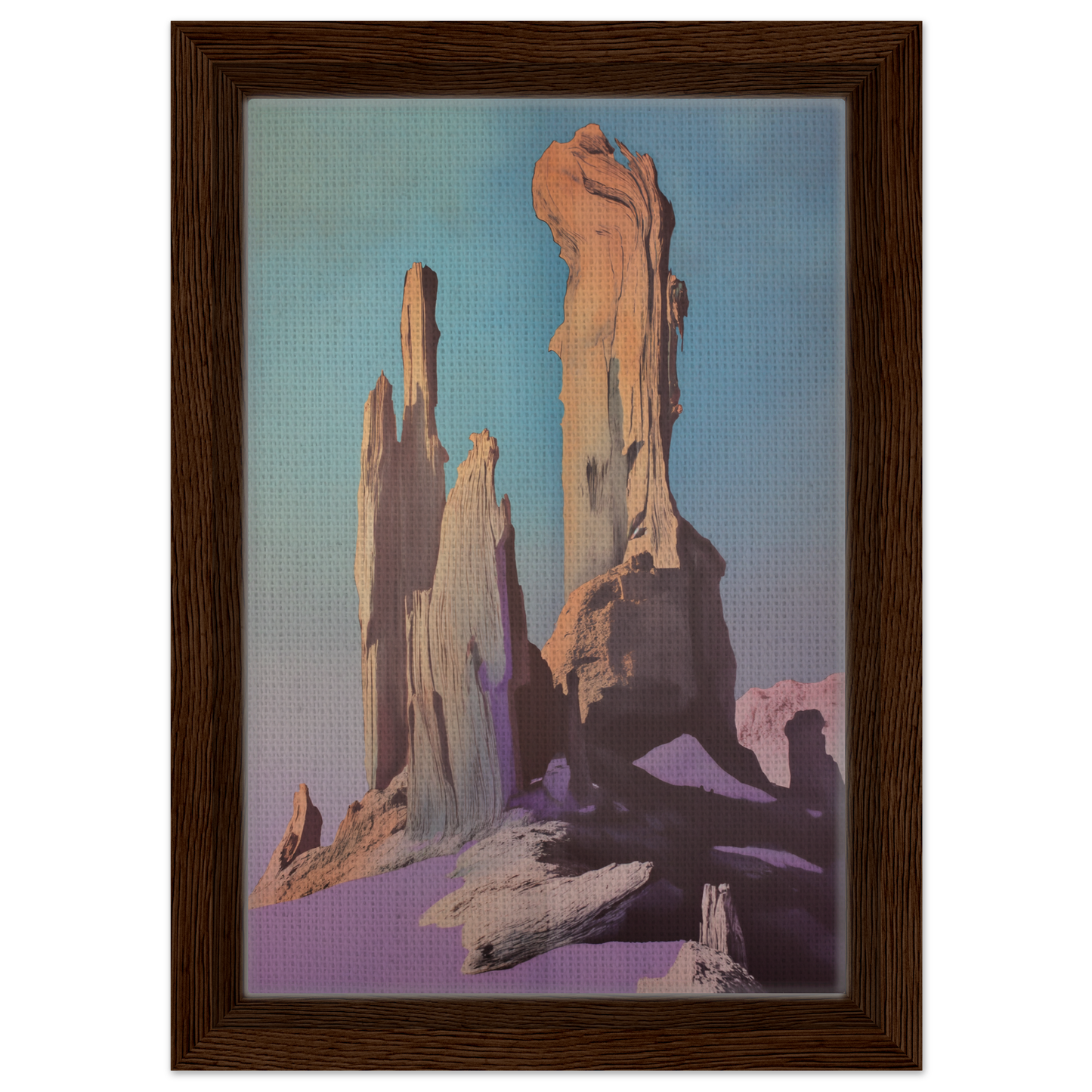 Towering rock formations against a pastel sky in Geological Dream Quest framed canvas print