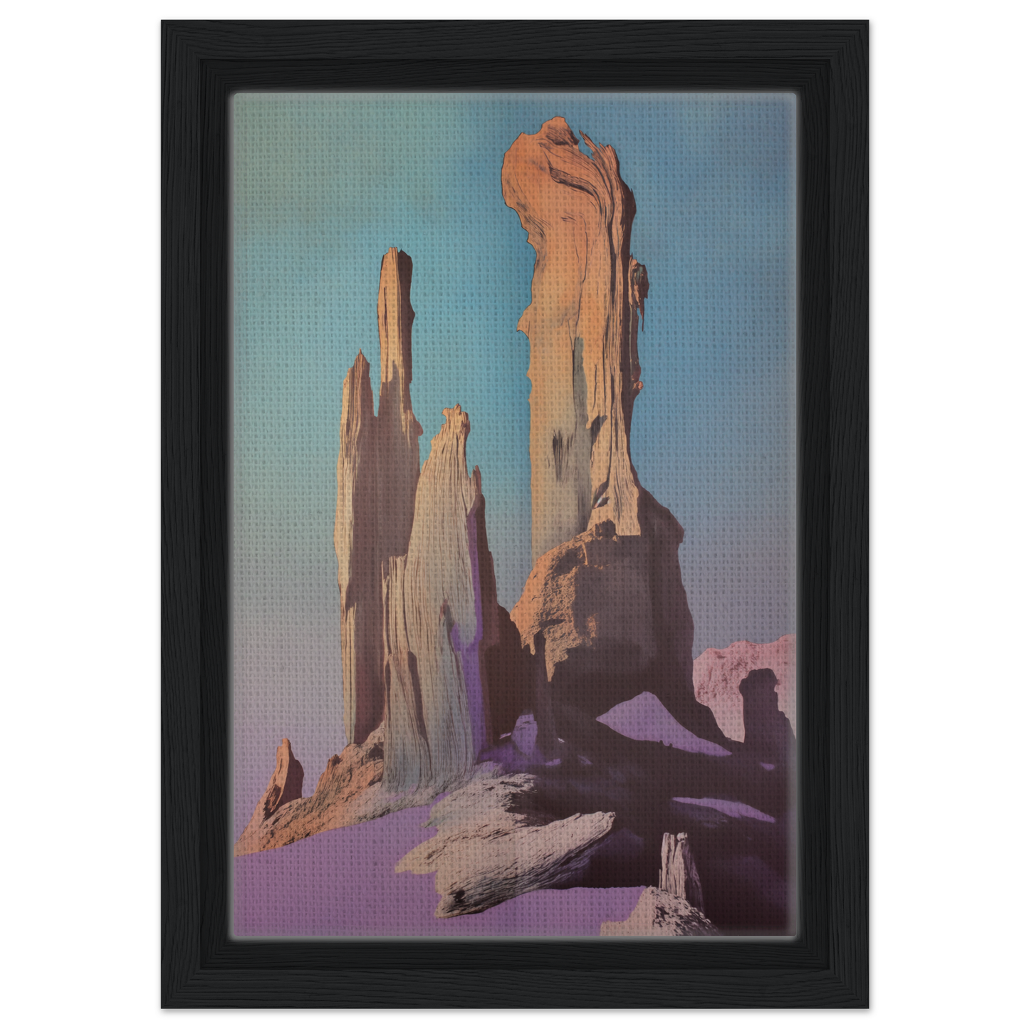 Tall, weathered rock formations in a colorful sky for Geological Dream Quest framed canvas print