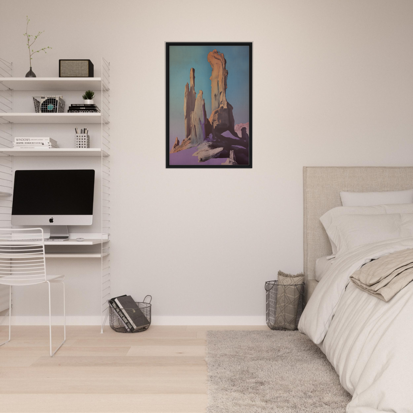 Framed canvas print of tall rock formations under a blue sky for Geological Dream Quest
