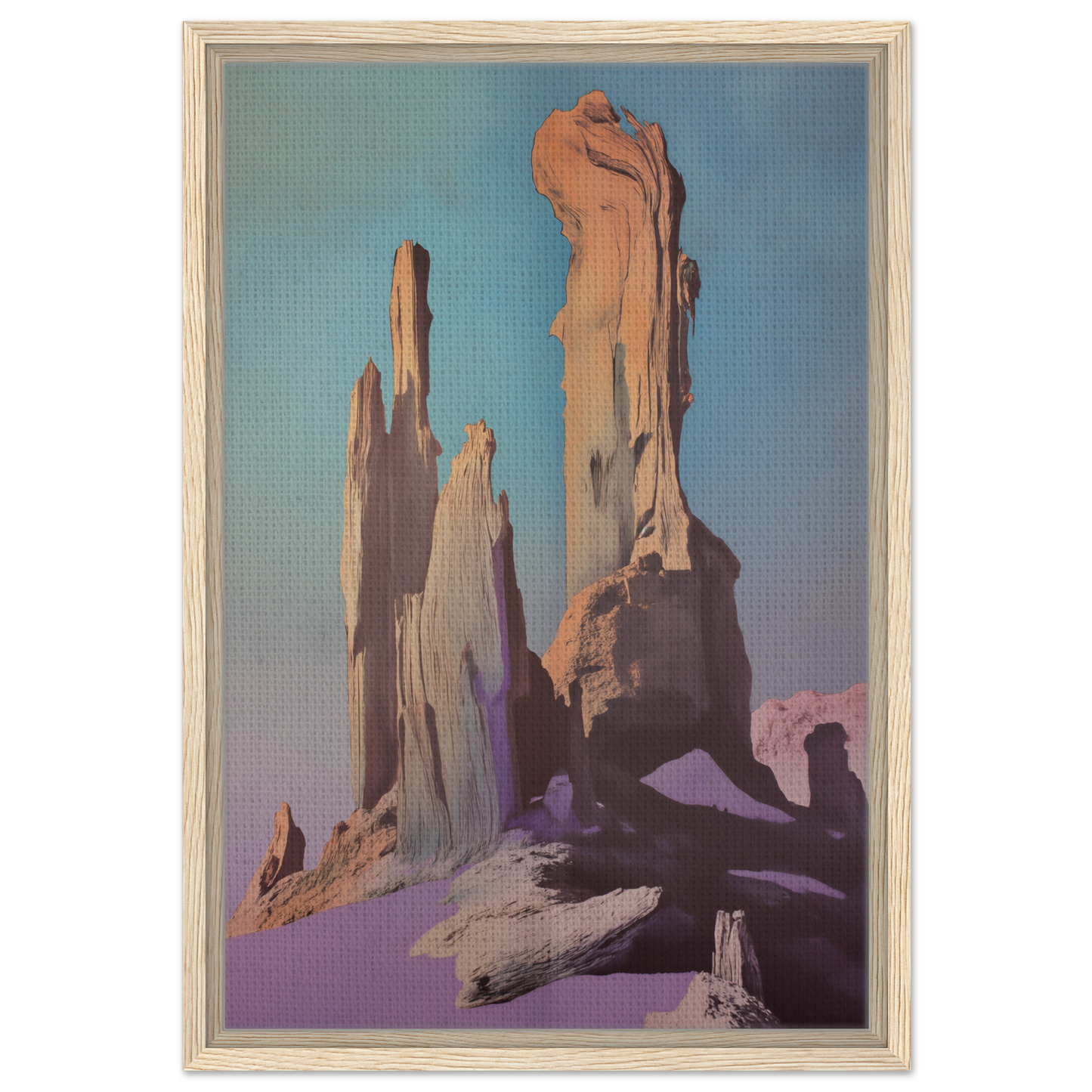 Towering rock formations with jagged spires in the Geological Dream Quest framed canvas print