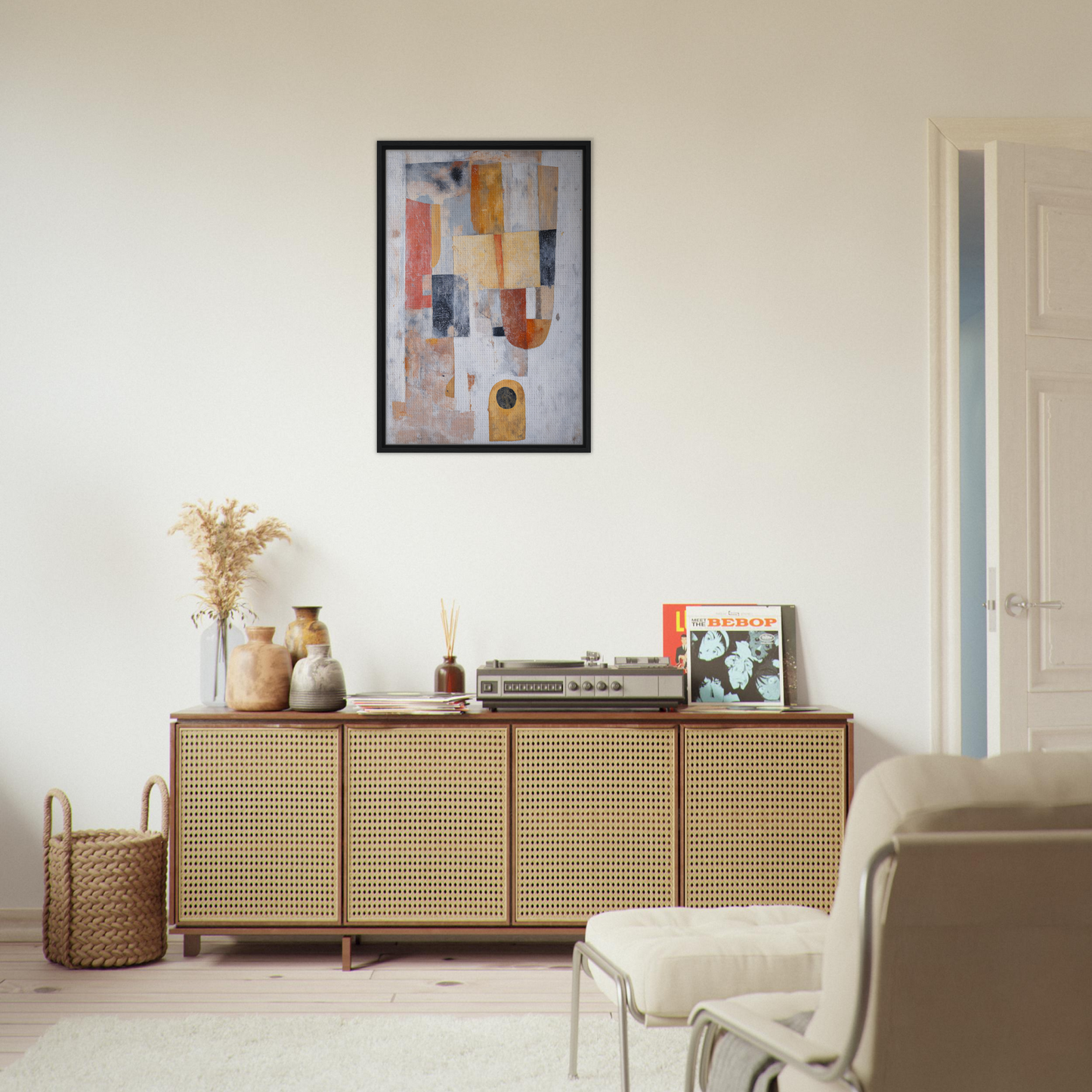 Wooden sideboard with cane-webbed doors, featured in Geometric Reverie Saga room decor