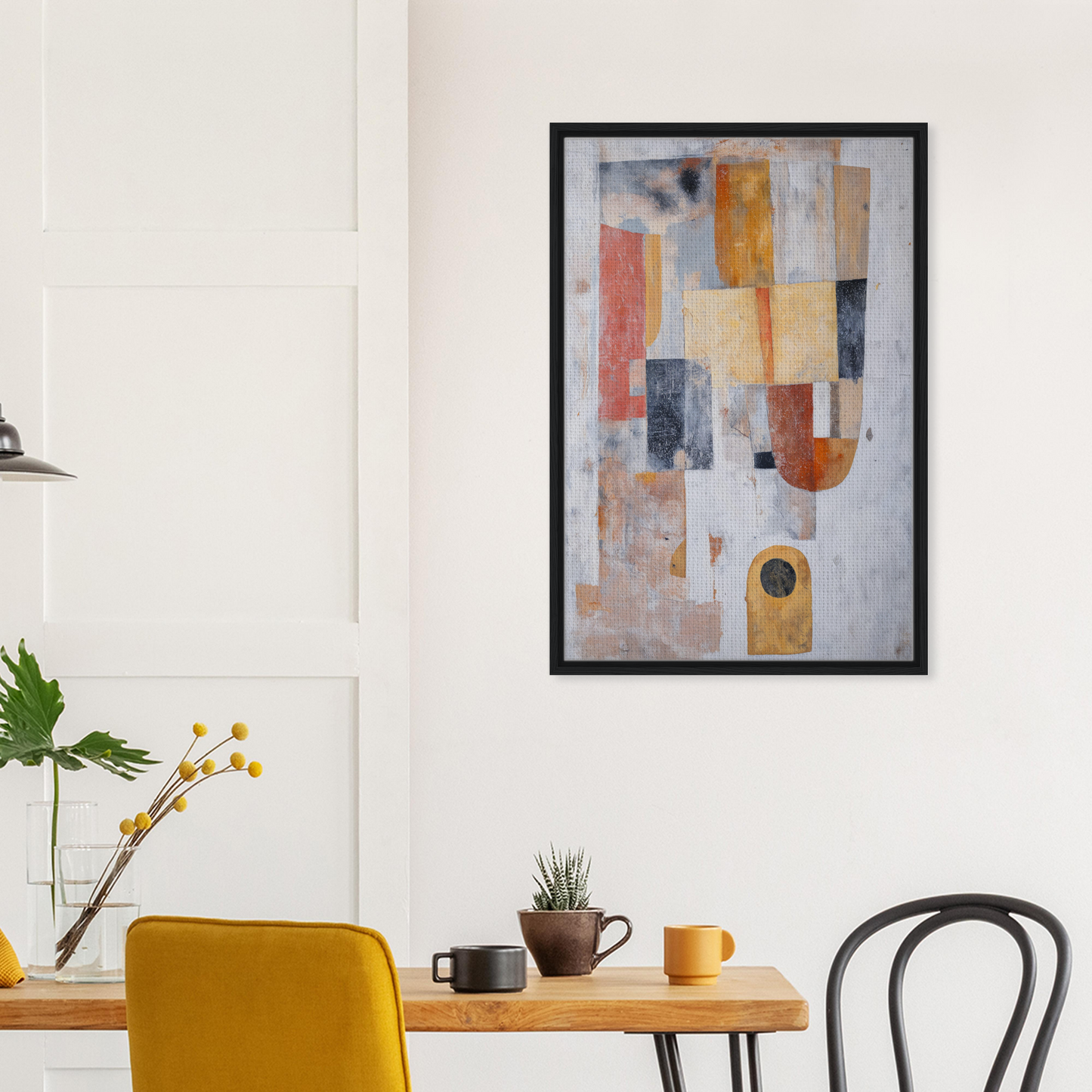 Abstract painting with geometric shapes in muted colors from Geometric Reverie Saga framed canvas print