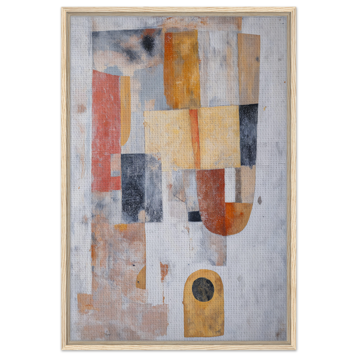 Abstract geometric shapes in earthy tones, featured in Geometric Reverie Saga framed canvas print