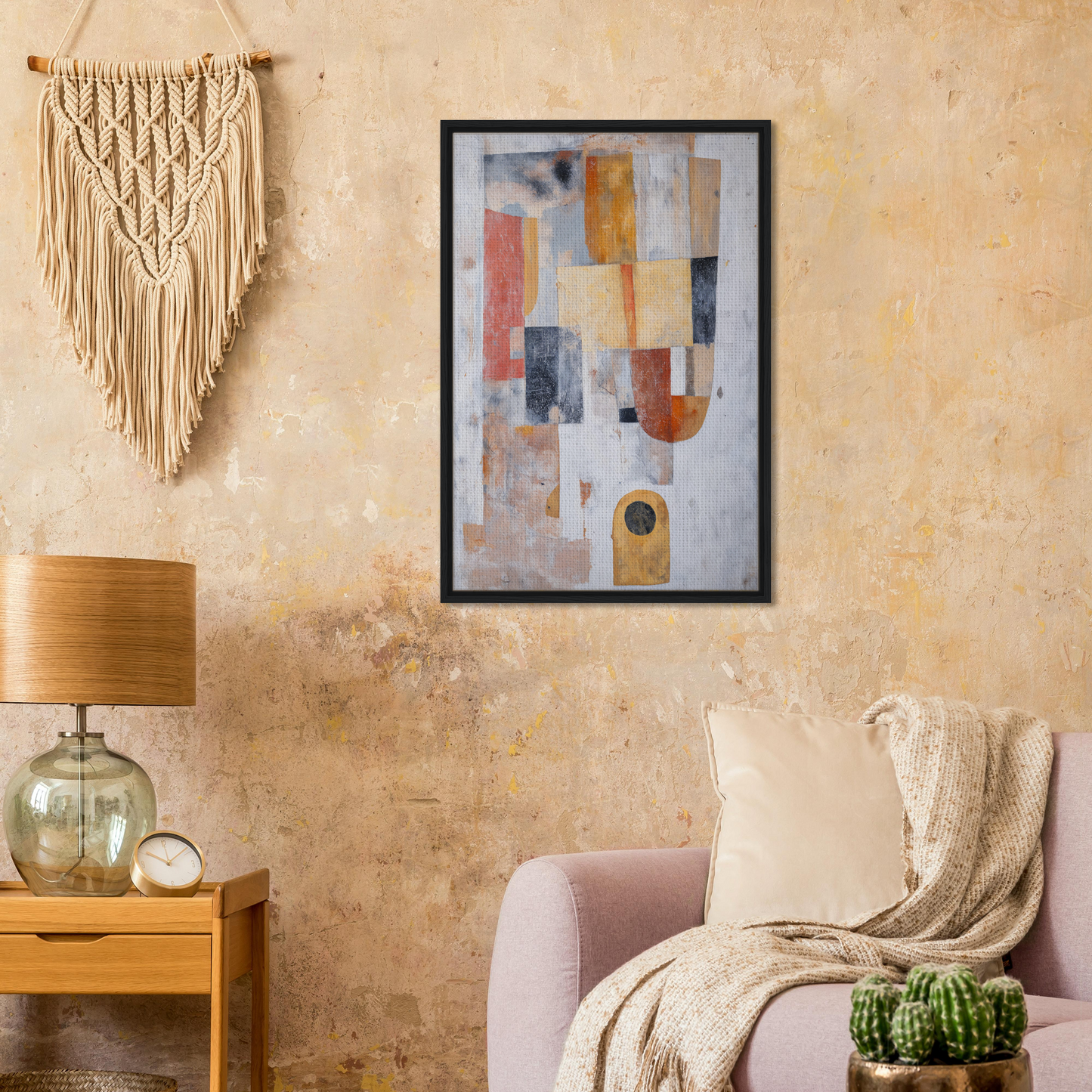 Framed canvas print of Geometric Reverie Saga featuring abstract shapes in muted colors