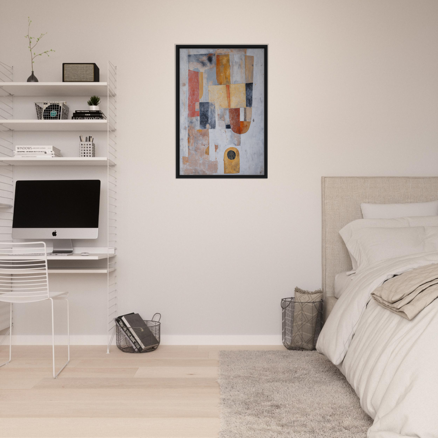 Modern bedroom featuring Geometric Reverie Saga decor with white bed and abstract art