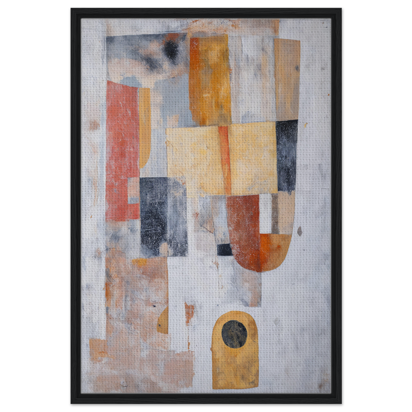 Abstract painting of geometric shapes in muted tones, Geometric Reverie Saga framed canvas print