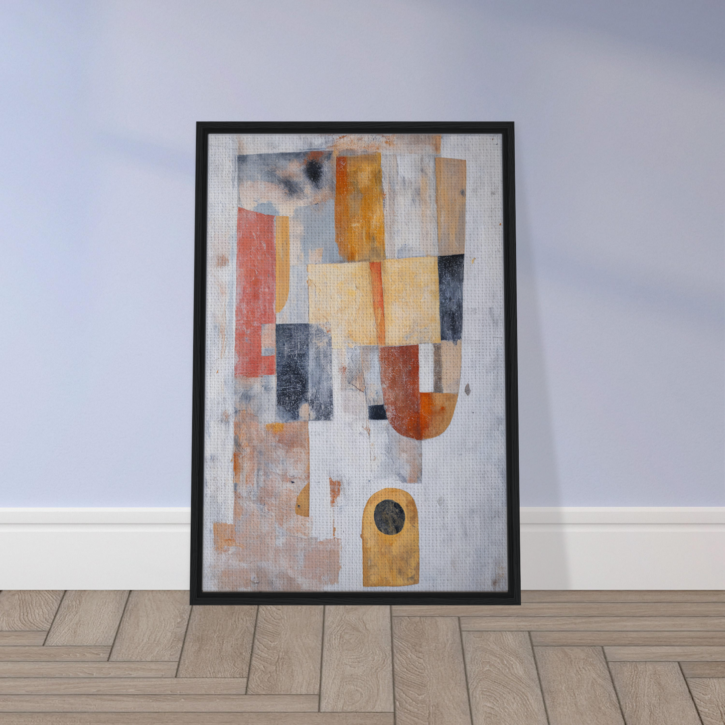Framed canvas print of Geometric Reverie Saga with muted geometric shapes