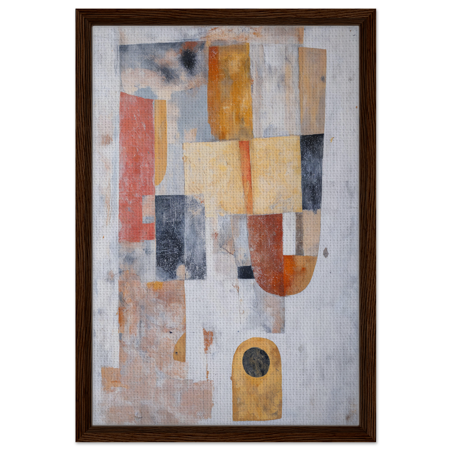 Abstract painting of muted geometric shapes in wood frame, Geometric Reverie Saga
