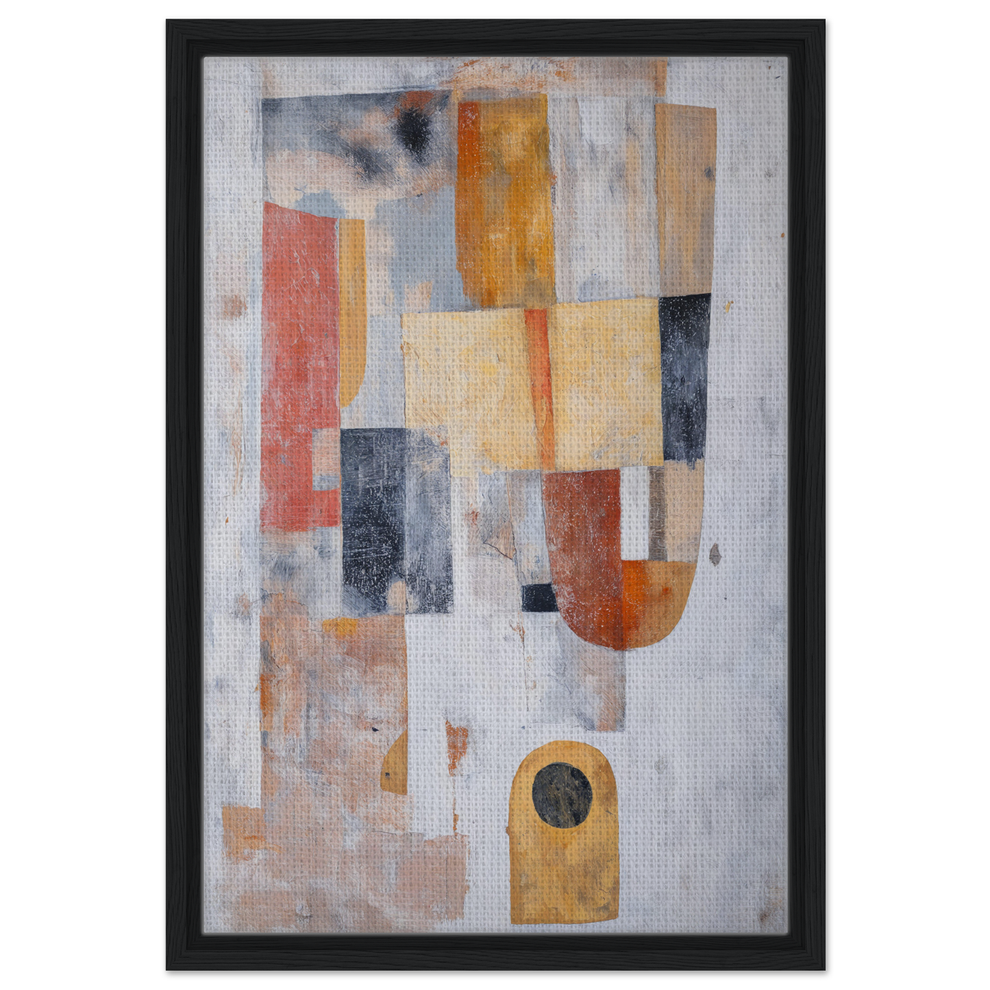 Abstract painting of geometric shapes in muted tones for Geometric Reverie Saga framed canvas print