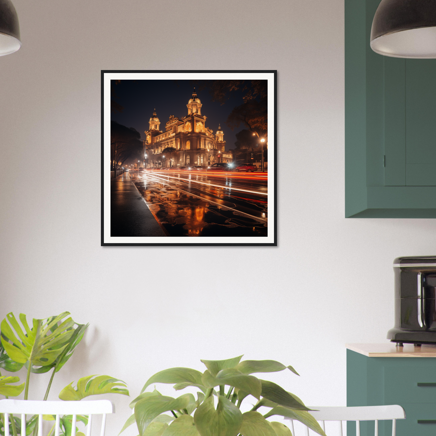 Framed photograph of a cathedral at night showcasing Gilded Night Dance artwork