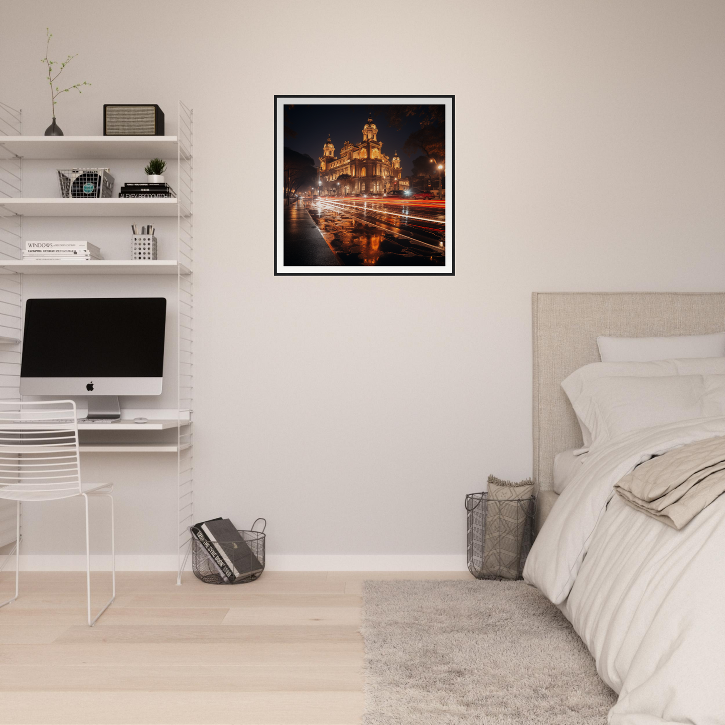 Framed illuminated cathedral at night with light trails, perfect for Gilded Night Dance