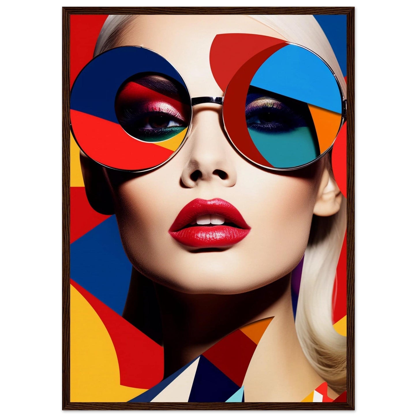 Colorful portrait featuring a person wearing vibrant geometric sunglasses and bright red lipstick.