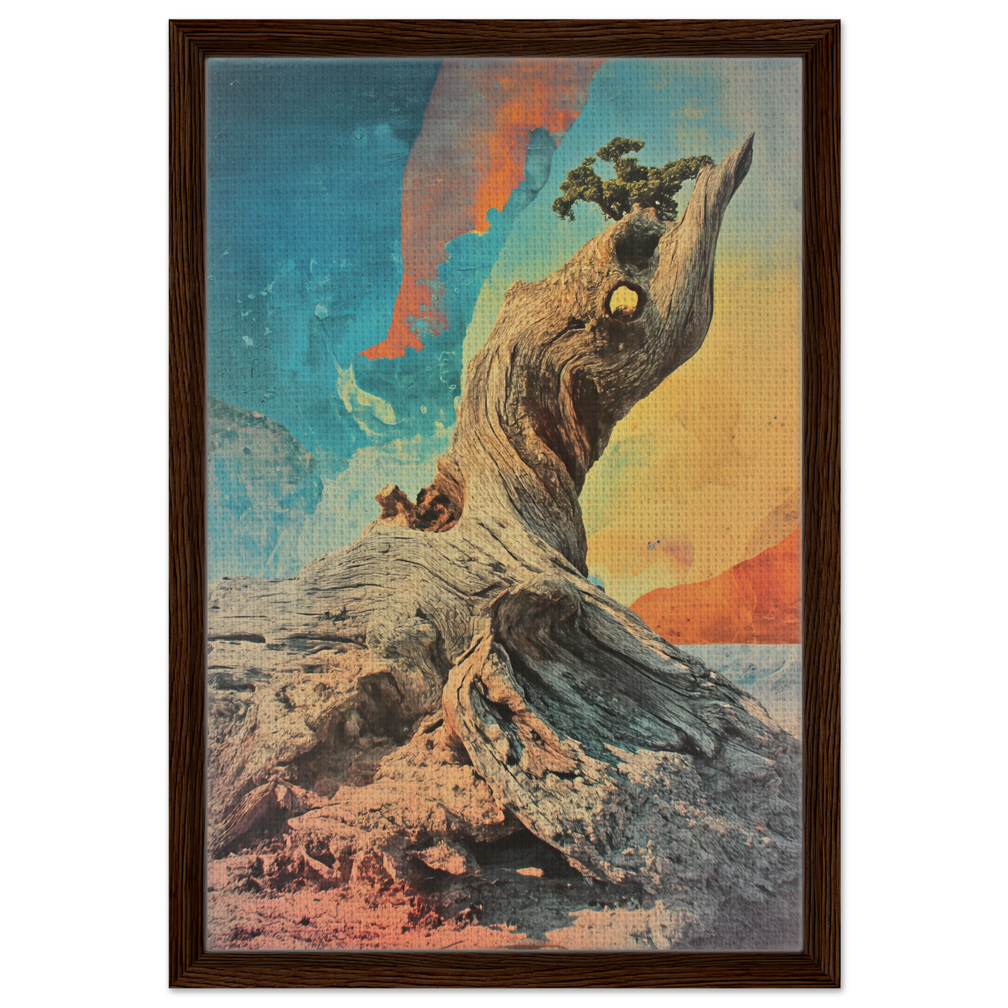 Gnarled tree stump with plant atop in Gnarled Sky Requiem framed canvas print
