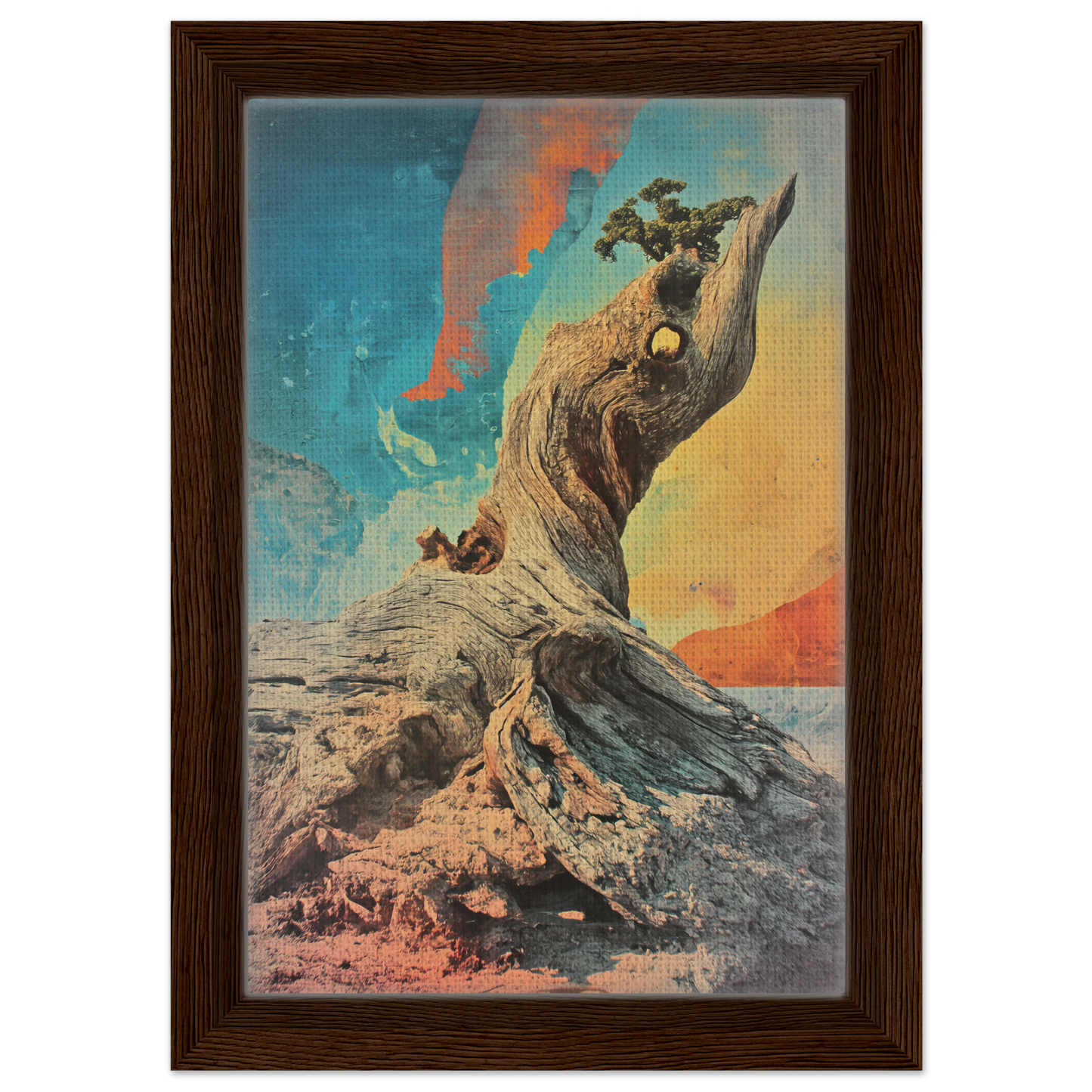 Gnarled tree trunk with foliage, featured in Gnarled Sky Requiem framed canvas print