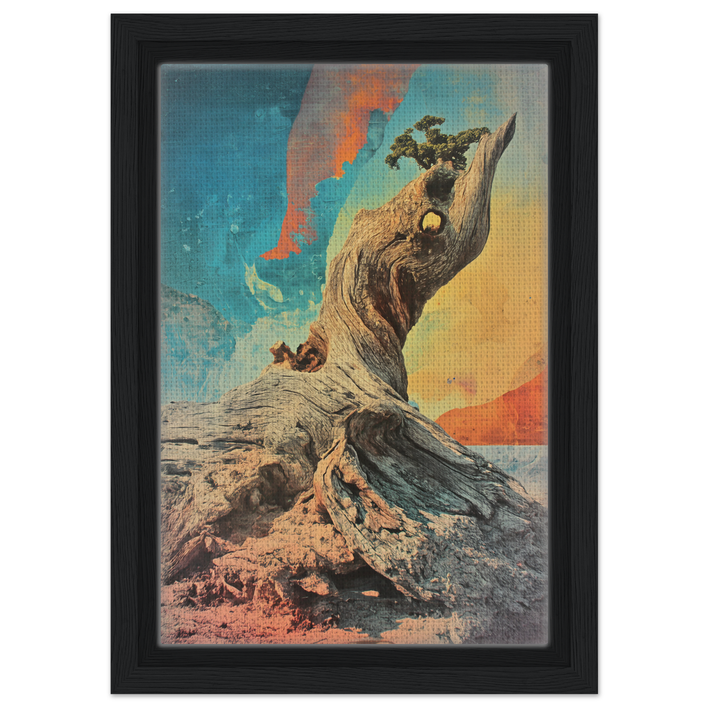 Gnarled Sky Requiem features a twisted tree trunk with vibrant sky colors in room decor