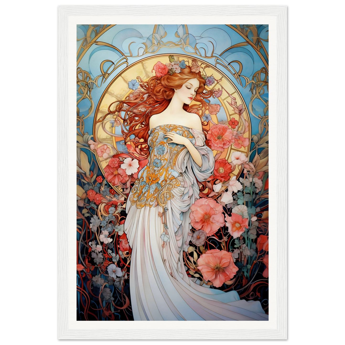 Art Nouveau-style painting of a woman with flowing red hair surrounded by floral motifs.
