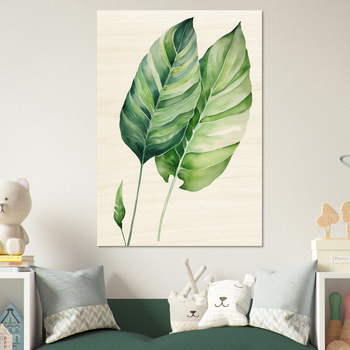 A green leaf print on a wall