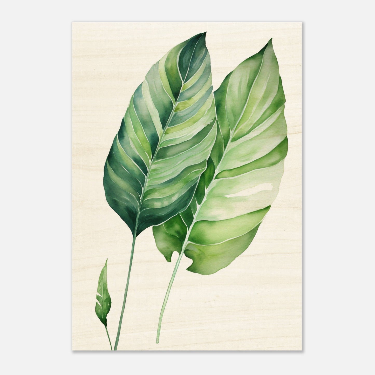 A green leaf print on a white background