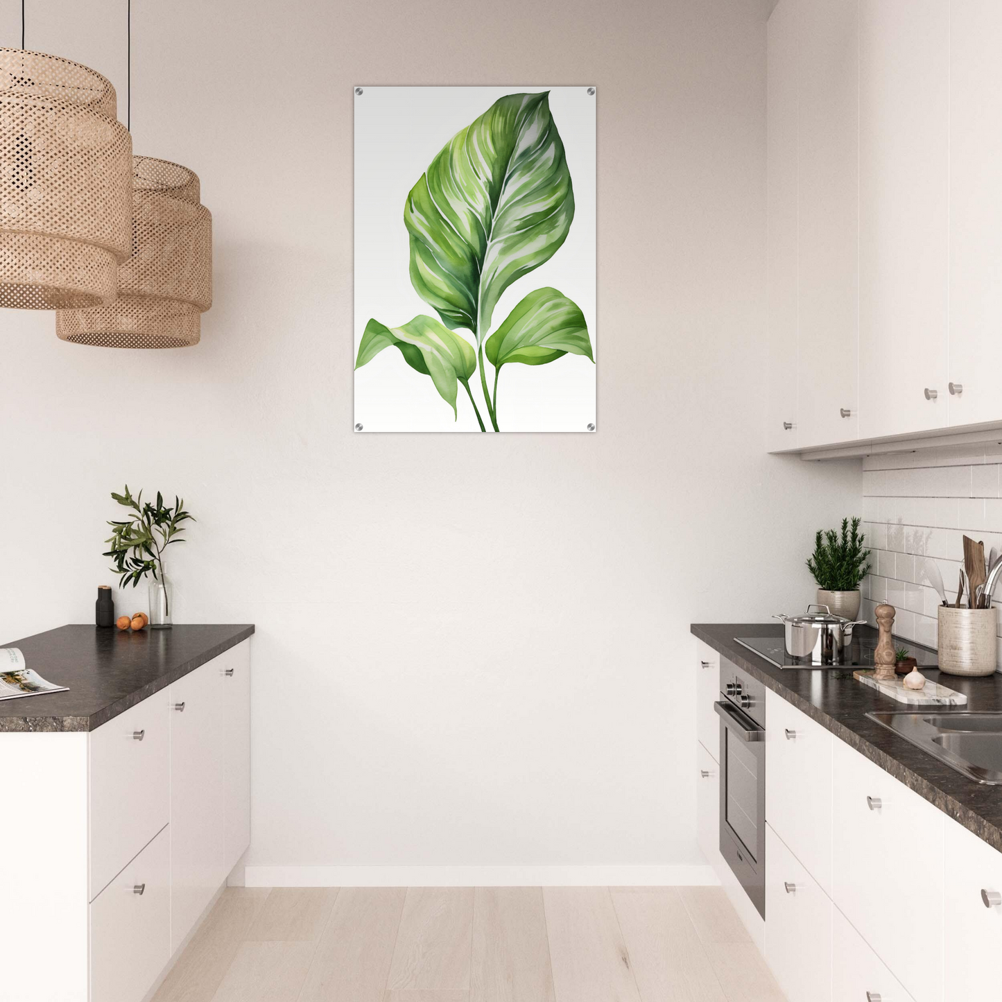 A green leaf on a white background in a kitchen