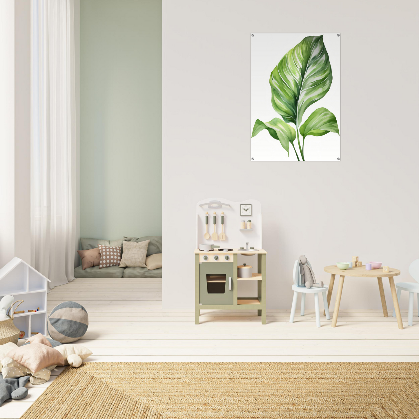 A green leaf on a white background in a child’s room